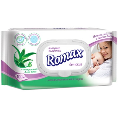 Romax. Детские влажные салфетки с экстрактом Алое 100шт