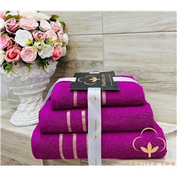Комплект махровых полотенец с золотой полосой ярко-розовый (упаковка 3шт)