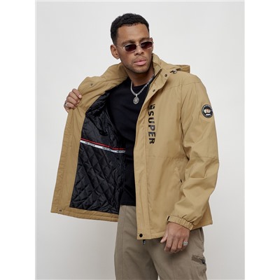 Куртка спортивная мужская весенняя с капюшоном бежевого цвета 88026B