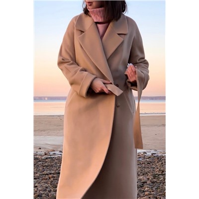Шерстяное классическое пальто макси с поясом, бежевое. Арт. 397
