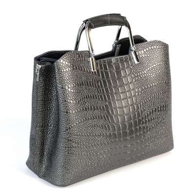 Женская кожаная сумка тоут под крокодила с металлическими ручками 1010-220 Пеарл Блек