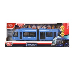 Технопарк. Трамвай с резинкой пластик свет-звук 30 см, двери, синий арт.TRAMNEWRUB-30PL-BU