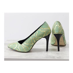 Яркие туфли на шпильке из эксклюзивной натуральной кожи салатового и золотого цвета с текстурой змея, коллекция Весна-Лето , Т-1701-20