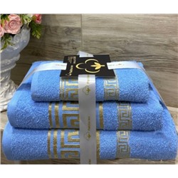 Комплект махровых полотенец с вышивкой Греция голубой (упаковка 3шт)