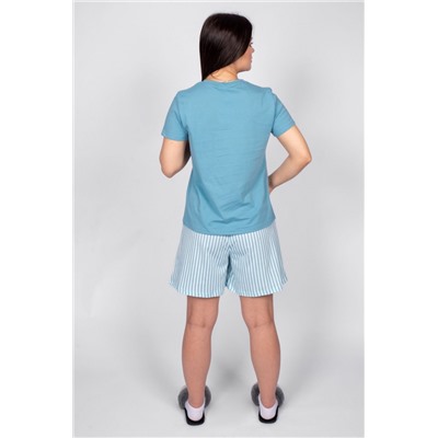 0932 Пижама женская (футболка+шорты) пыльно-голубой/полоска на нежно-голубом Be Friends
