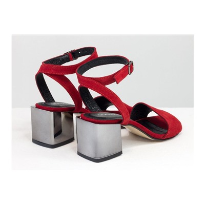 Дизайнерские красные босоножки, на квадратном каблуке с металлическим блеском, с ремешком вокруг щиколотки, выполнены из натуральной итальянской замши, Новая Коллекция Весна-Лето от Gino Figini, С-19145-09