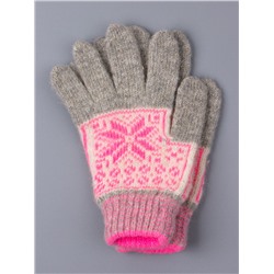 Перчатки вязаные для девочки, розовые снежинки, светло-серый