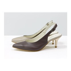 Дизайнерские двухцветные туфли с открытой пяткой из натуральной итальянской кожи бежевого и грязно-сиреневого цвета, на невысокой шпильке, С-1909-12