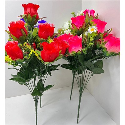 Цветы искусственные декоративные Букет роз (9 цветков) с блёстками 55 см