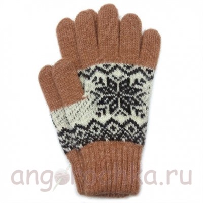 Терракотовые теплые шерстяные перчатки со снежинкой - 400.165
