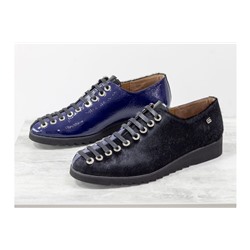 Новые дизайнерские туфли от Gino Figini на шнуровке по всей высоте, из синей лаковой кожи и мехом пони, на ребристой утолщенной подошве, Лимитированная серия от Джино Фиджини, Т-1915-07
