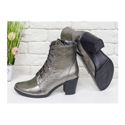 Ботинки со шнуровкой на устойчивом каблучке из натуральной кожи красивого платинового цвета, Коллекция Осень-Зима,  Б-156-04