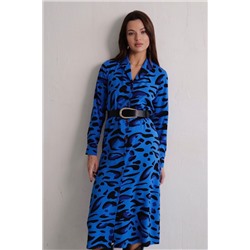 11126 Платье-рубашка с английским воротником синее с принтом