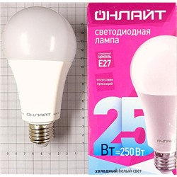 Лампа светодиодная ОНЛАЙТ OLL-A70-25Вт-230-4K(4000 холодный)-E27 /61954/