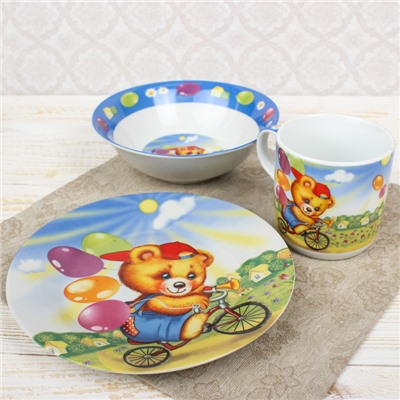 Набор детской посуды «Мишка на велосипеде», 3 предмета: кружка 230 мл, миска 400 мл, тарелка 18 см