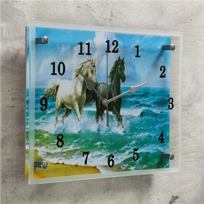 Часы-картина настенные, серия: Животный мир, "Лошади в море", 25х35  см
