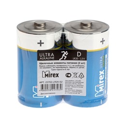 Батарейка алкалиновая Mirex, D, LR20-2S, 1.5В, спайка, 2 шт.