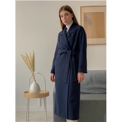 Шерстяное классическое пальто макси с поясом, синее. Арт. 397
