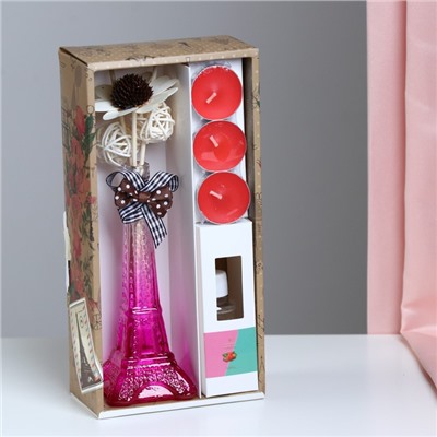 Набор подарочный "Эйфелева башня"(ваза,палочки с декором,свечи,аромамасло),клубника, 8 марта