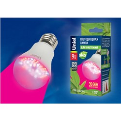 Лампа светодиодная для растений. Форма "A", прозрачная колба LED-A60-9W/SP/E27/CL ALM01WH Uniel /1/50/