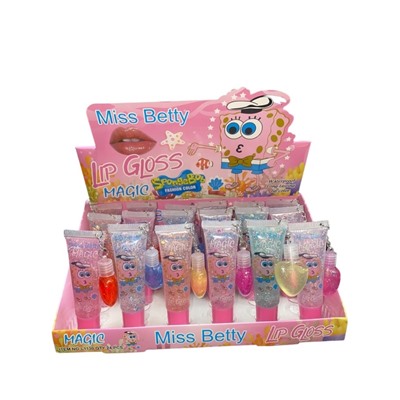 Блеск для губ с шиммером Miss Betty Lip Gloss Spongebob с брелком (упаковка 6шт)