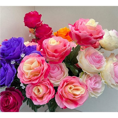 Цветы искусственные декоративные Крупные розы 9 бутонов + белые мелкие цветки 65 см