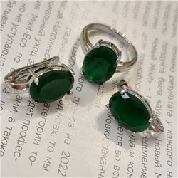 Комплект ювелирная бижутерия, серьги и кольцо посеребрение, камни цвет зеленый, р-р 17, 54168, арт.847.964