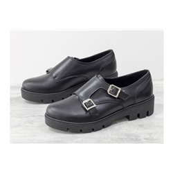 Школьные туфли из натуральной кожи черного цвета с металлическими пряжками на черной подошве, Т-1669-02