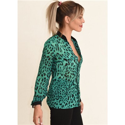 00722 Блуза из шифона зеленая леопард
