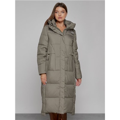 Пальто утепленное с капюшоном зимнее женское цвета хаки 51156Kh