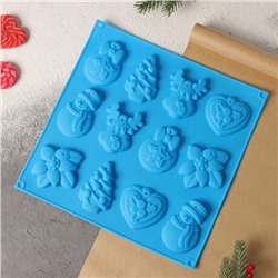 Форма для украшений 3D Доляна «Ёлочные игрушки», силикон, 30×30 см, 12 ячеек, цвет синий