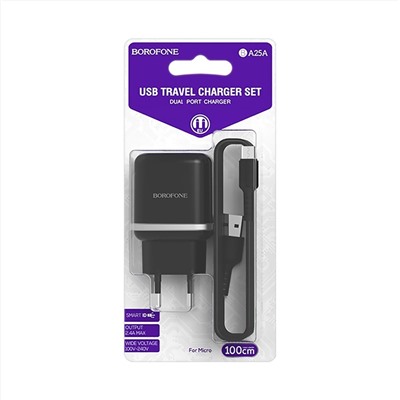 Адаптер Сетевой с кабелем Borofone BA25A Outstanding 2USB 2,4A/10W (USB/Micro USB) (black)