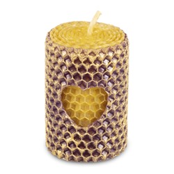Свеча из натурального пчелиного воска с сердцем фиолетовая с золотом