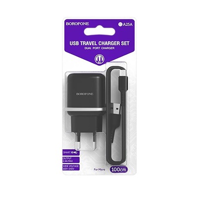 Адаптер Сетевой с кабелем Borofone BA25A Outstanding 2USB 2,4A/10W (USB/Micro USB) (black)