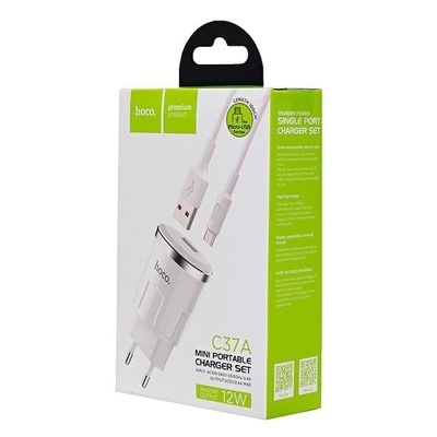 Адаптер Сетевой с кабелем Hoco C37A USB 2,4A/10W (USB/Micro USB) (white)