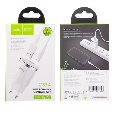 Адаптер Сетевой с кабелем Hoco C37A USB 2,4A/10W (USB/Micro USB) (white)