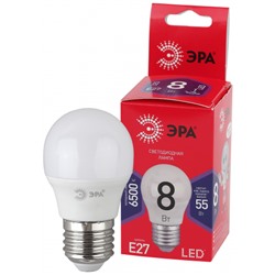Лампа светодиодная ЭРА RED LINE LED P45-8W-865-E27 R E27, 8Вт, шар, холодный дневной свет /1/10/100/