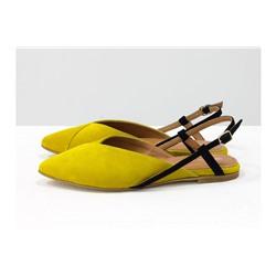 Дизайнерские туфли с удлиненным носиком и открытой пяткой, из натурального итальянской замша-велюр желтого цвета с оттенком "мимоза" на плоской подошве с небольшим каблуком, С-2030-01