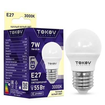 Лампа светодиодная TOKOV ELECTRIC, 7 Вт, G45, 3000 К, Е27, 176-264В