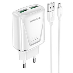 Адаптер Сетевой с кабелем Borofone BA54A Wide QC 2USB 18W (USB/Micro USB) (white)