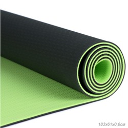 Коврик для йоги и фитнеса спортивный гимнастический двухслойный TPE 6мм. 183х61х0,6 цвет: светло-зелёный / YM2-TPE-6G /уп 12/