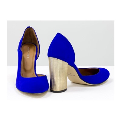 Женские туфли из итальянской замши ярко-синего цвета, на устойчивом золотом каблуке с объемным 3D рисунком, Т-17423/3-01