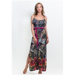 8132 Платье длинное на пуговицах с поясом "Тропические цветы" разноцветный