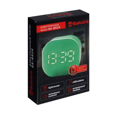 Часы-будильник Sakura SA-8524, электронные, будильник, магнит, 3хААА, зелёные