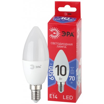 Лампа светодиодная ЭРА RED LINE LED B35-10W-865-E14 R Е14, 10Вт, свеча, холодный дневной свет /1/10/100/